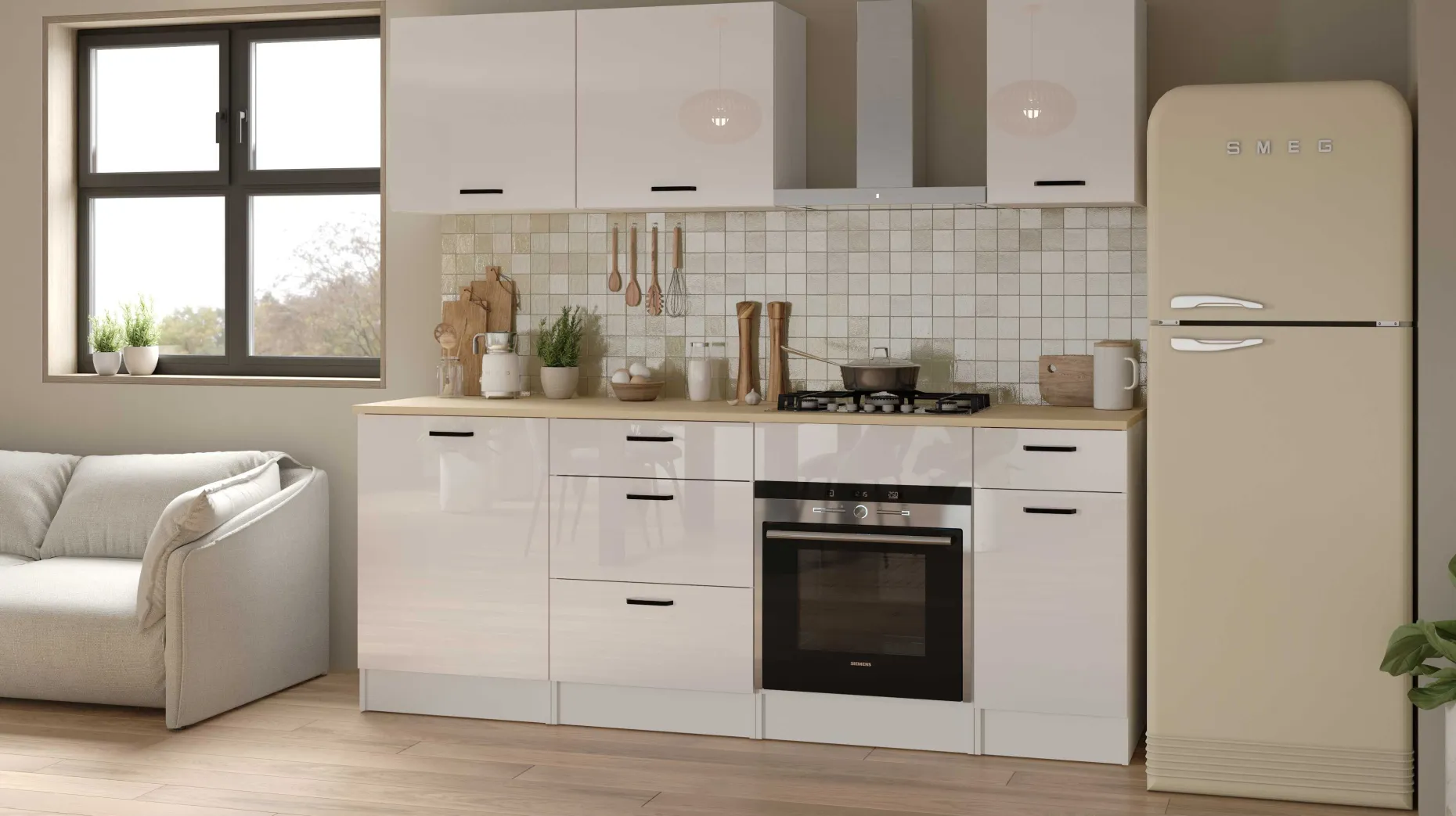 Küchenschrank Bianco - 40x60x90cm - 1 Tür und 1 Schublade - Hochglanz weiß