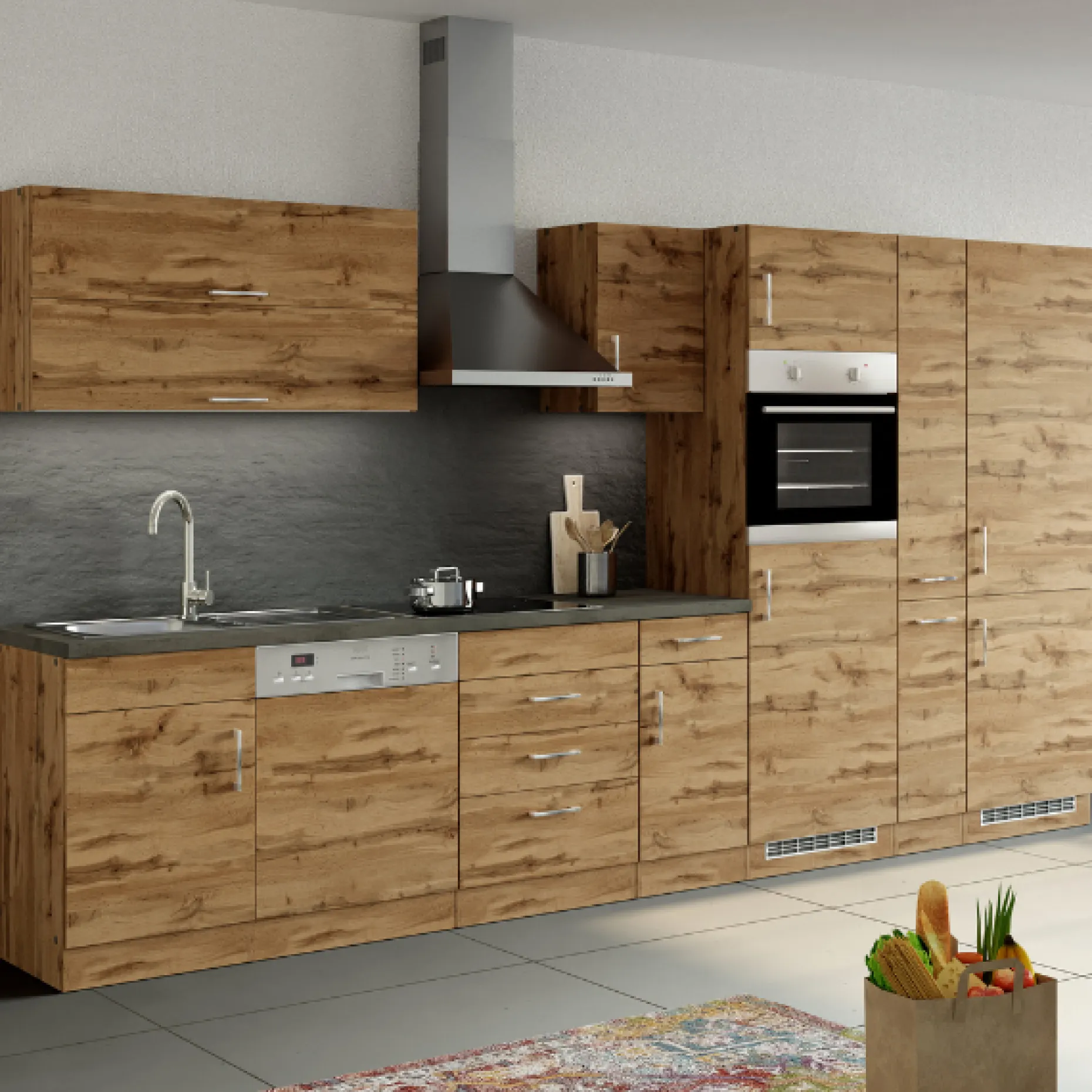 Küchenschrank für Kühlschrank und Backofen Sorrella 2 Türen - Eiche