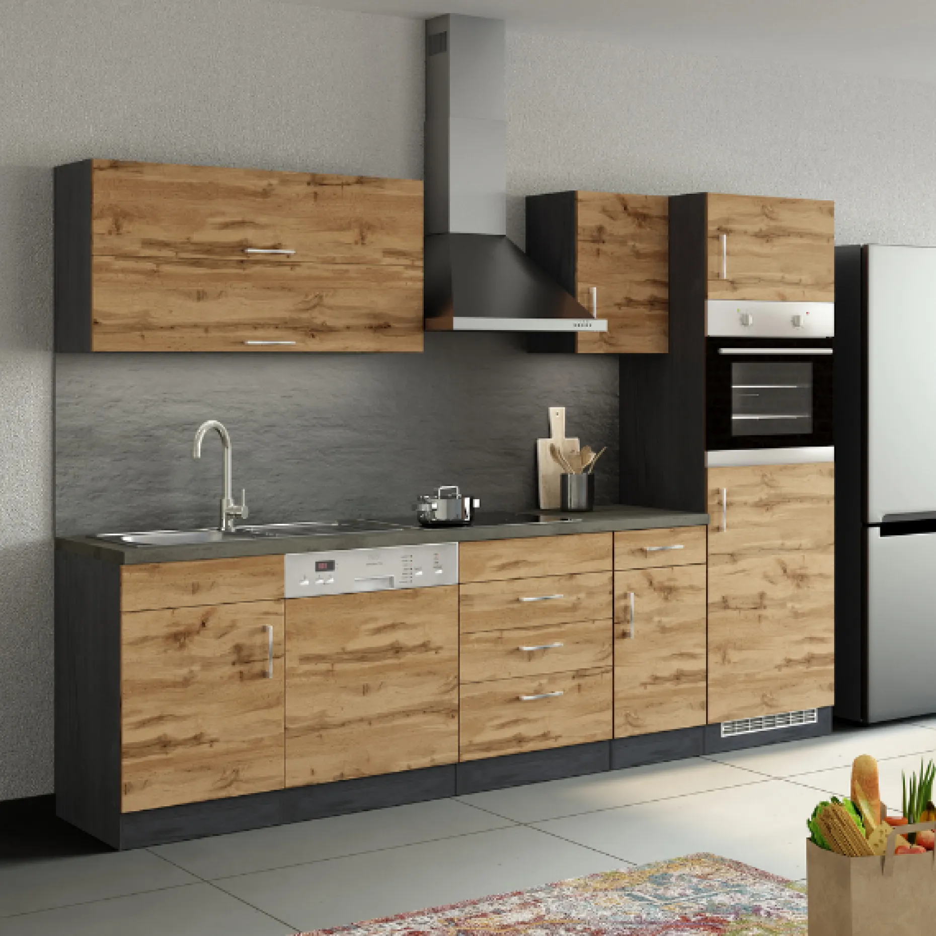Küchenschrank für Kühlschrank und Backofen Sorrella 2 Türen - Eiche/Graphit