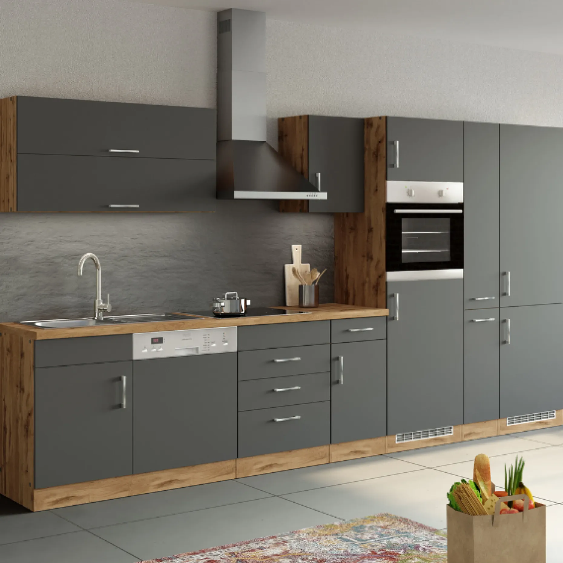 Küchenschrank für Kühl- und Gefrierschrank Sorrella - anthrazit/eiche
