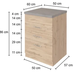 Küchenschrank für Kochplatte Sorrella 3 Schubladen - Eiche/Beton