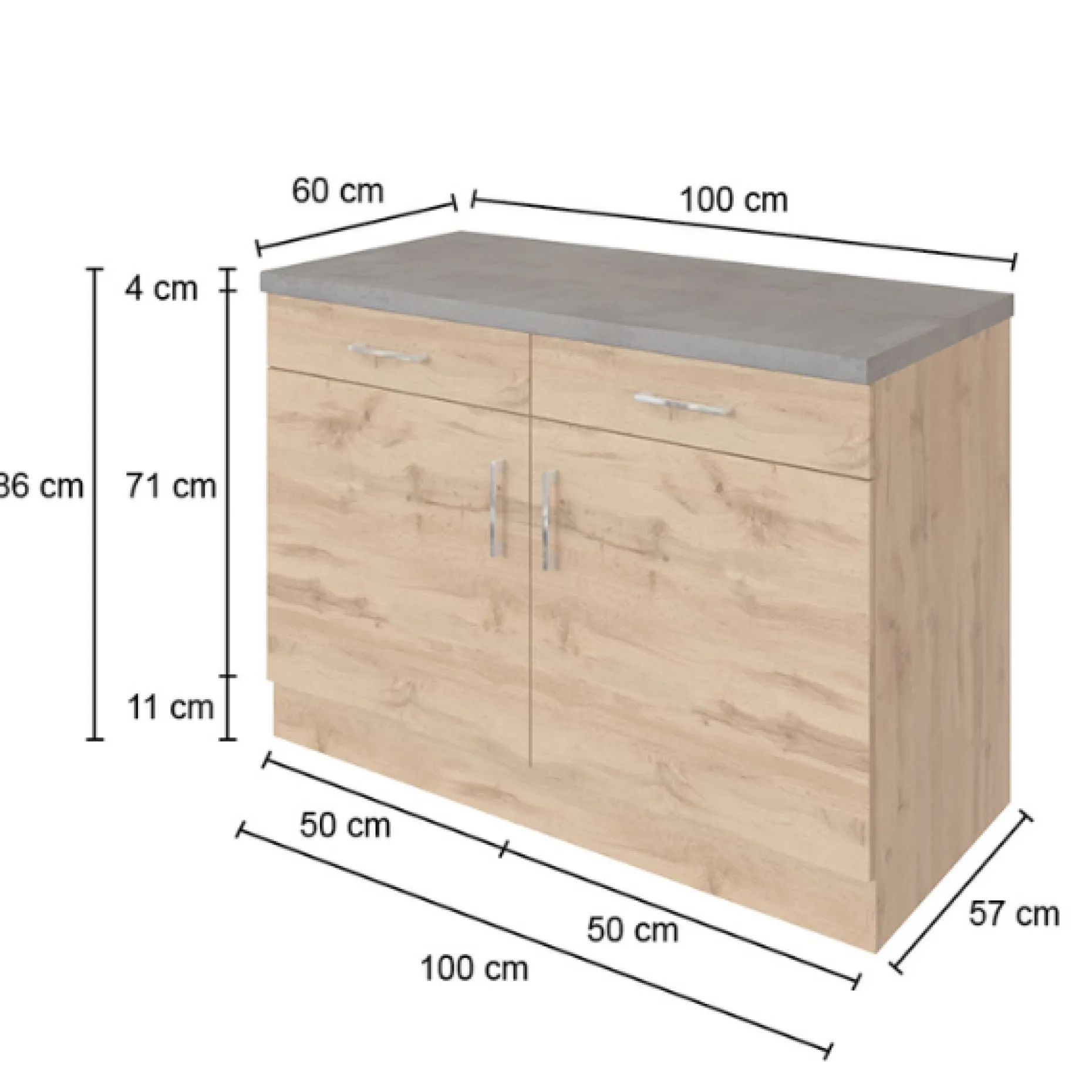Küchenschrank Sorrella 100cm 2 Türen und 2 Schubladen - Anthrazit/Eiche