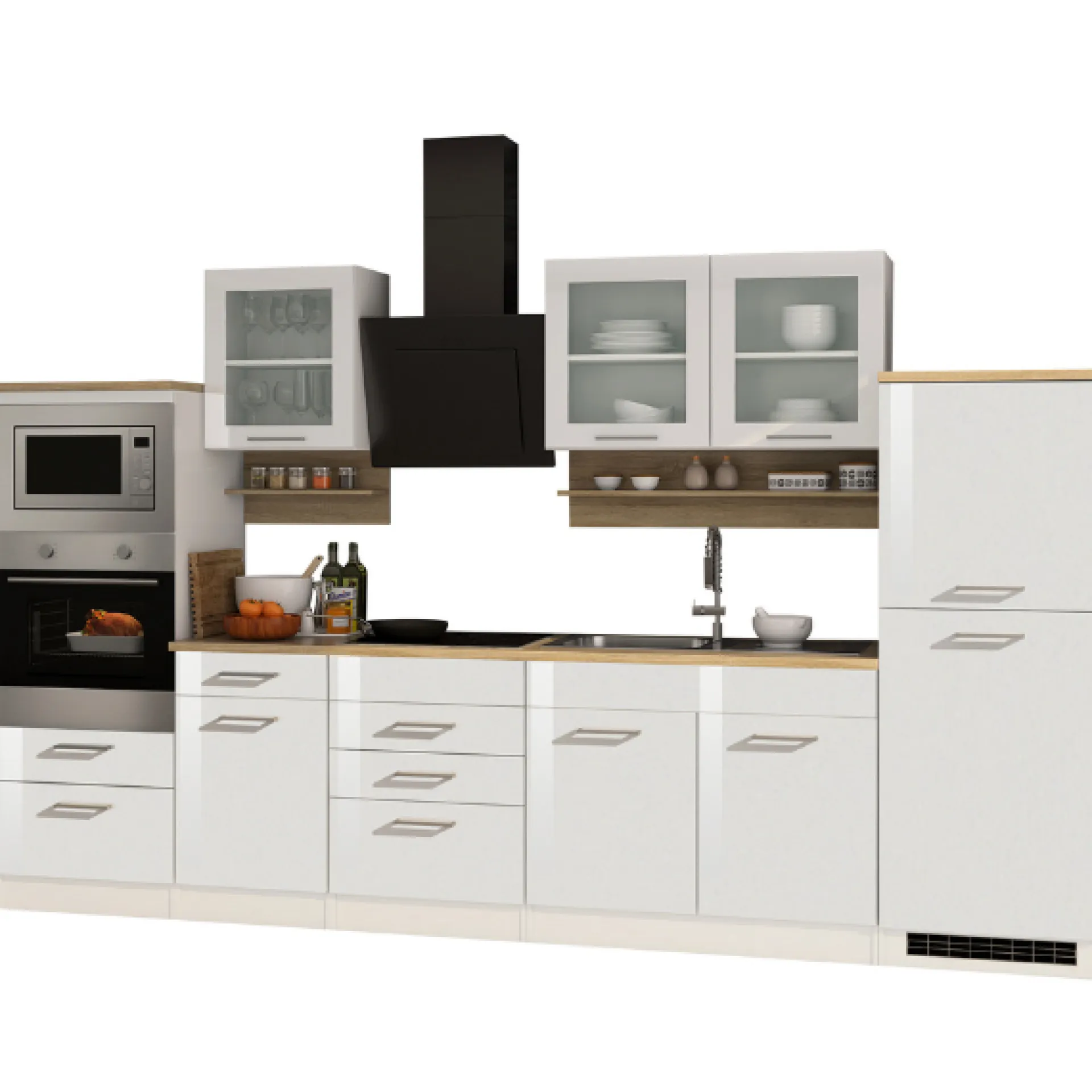 Held Küchenset Mailand | Induktionskochfeld, Mikrowelle, Backofen, Dunstabzugshaube, Kühlschrank, Spüle | High Glossy White