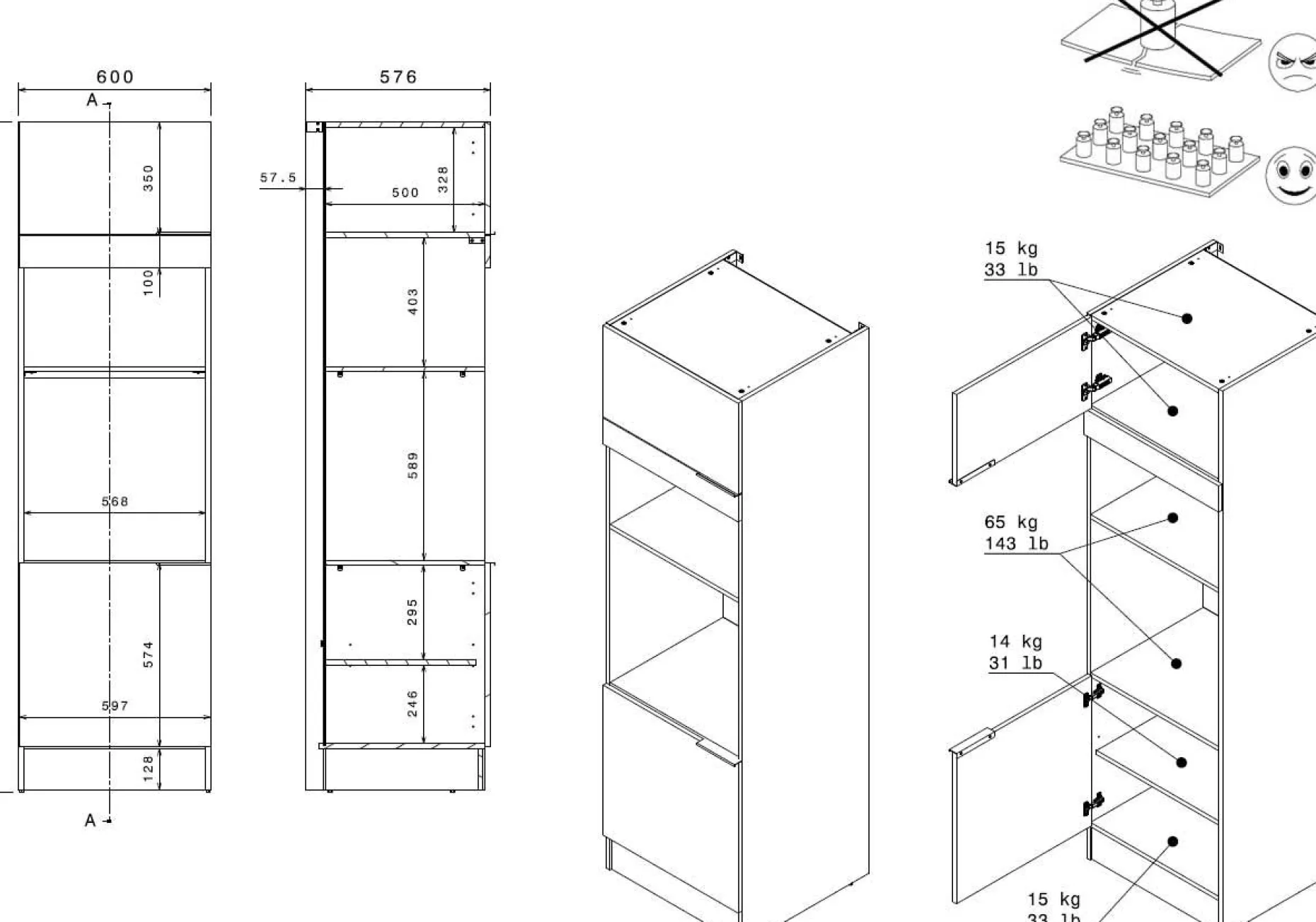 Küchensäulenschrank Anna - 60x58x210cm - 2 Türen - Eiche schwarz Dekor