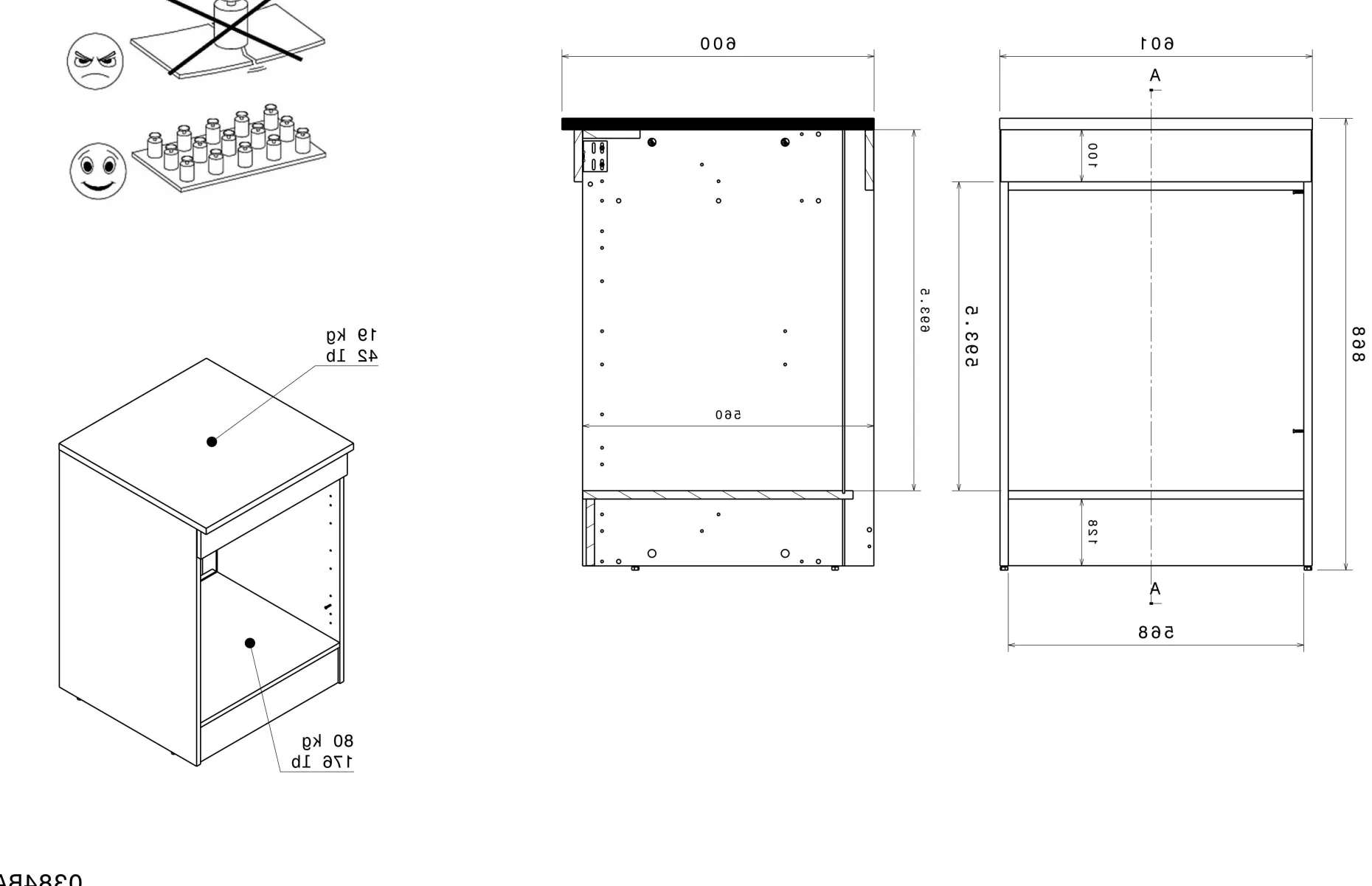 Küchenunterschrank Anna - 60x60x87cm - für Backofen oder Geschirrspüler - Eiche schwarz Dekor/weißer Stein