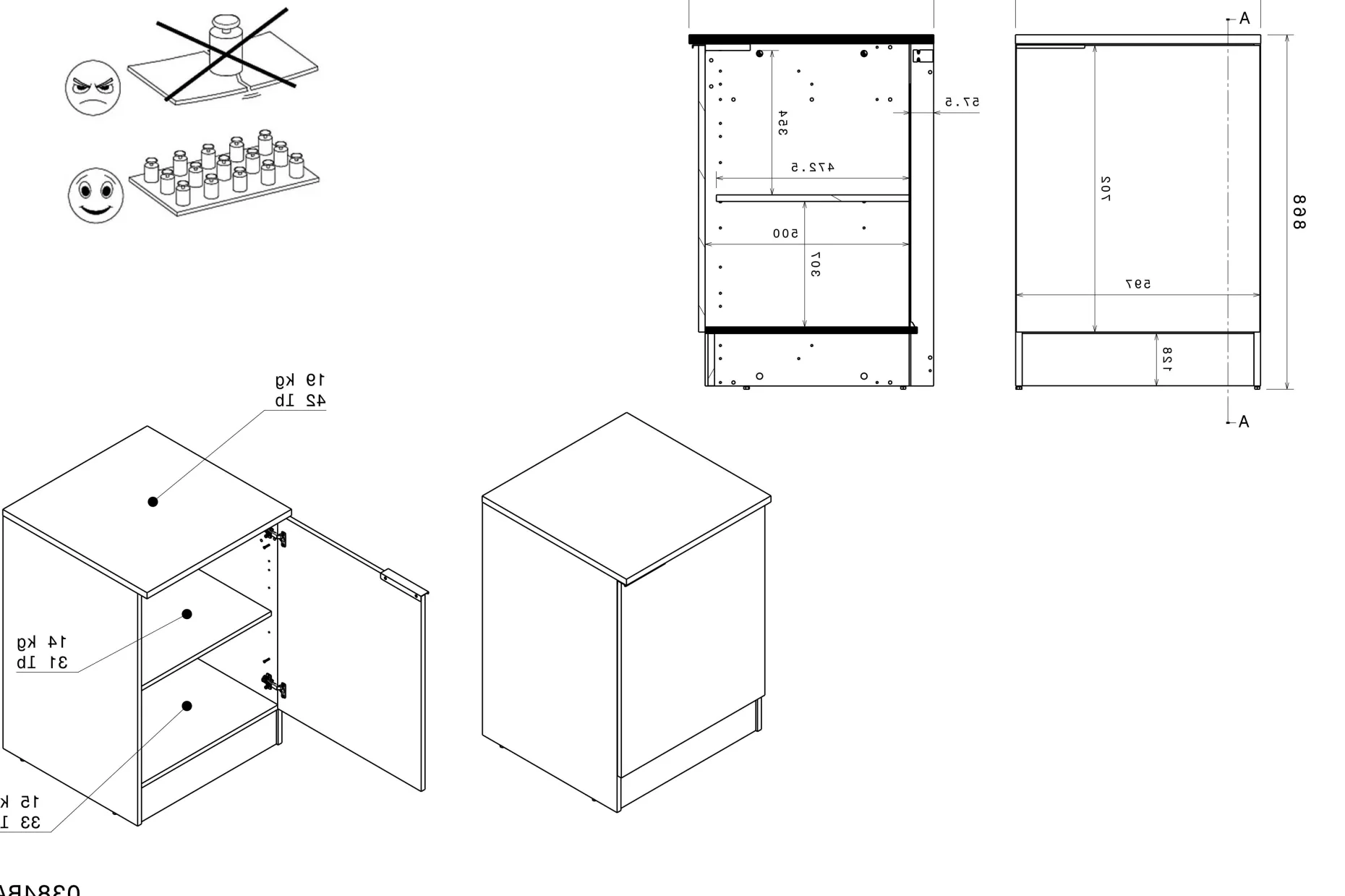 Küchenunterschrank Anna - 60x60x87cm - 1 Tür - Eiche schwarz Dekor/weißer Stein