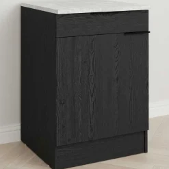 Küchenunterschrank Anna - 60x60x87cm - 1 Tür und 1 Schublade - Eiche schwarz Dekor/weißer Stein