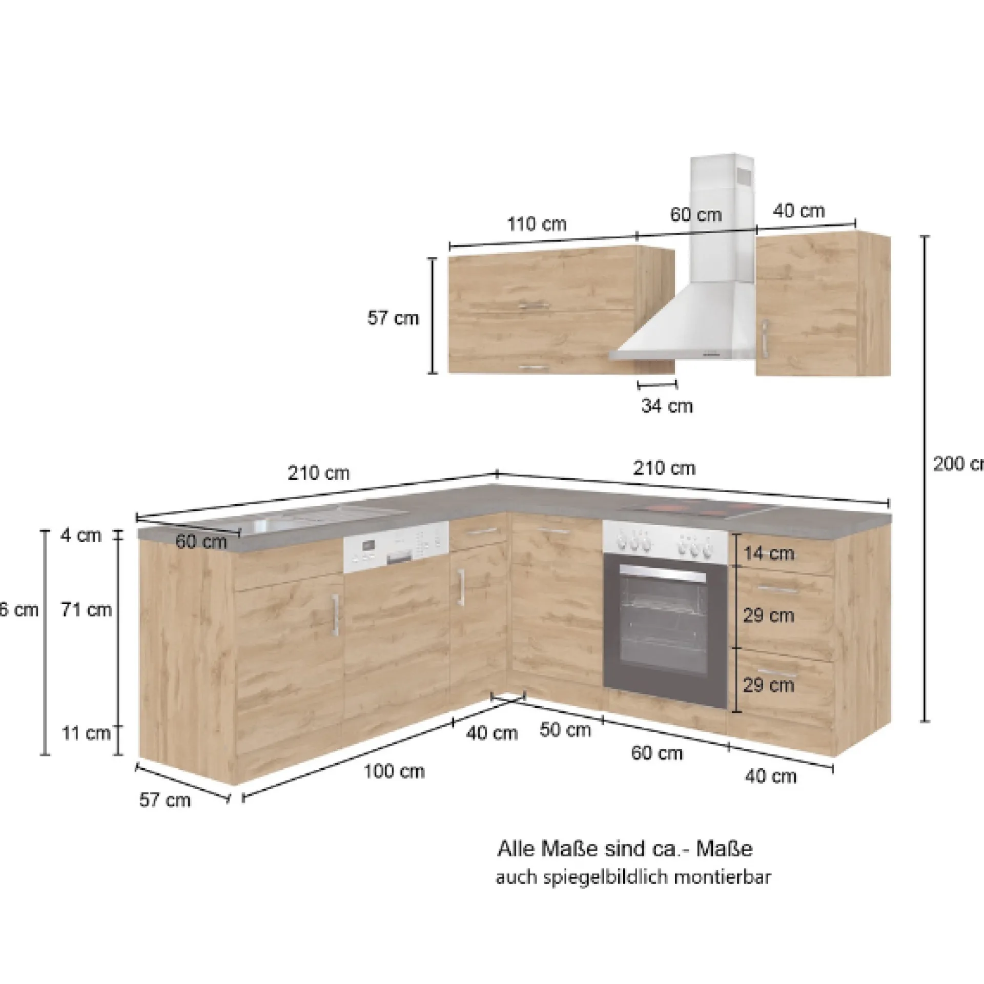 Held Küchenzeile in L-Form Sorrella 210cm mit Platz für Backofen und Geschirrspüler - anthrazit/ocker