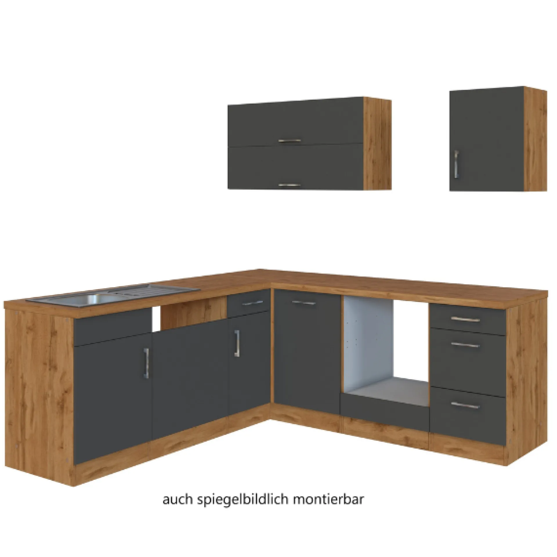 Held Küchenzeile in L-Form Sorrella 210cm mit Platz für Backofen und Geschirrspüler - anthrazit/ocker