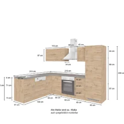 Held Küchenzeile in L-Form Sorrella 270cm mit Platz für Backofen, Geschirrspüler und Kühlschrank - weiß/Eiche