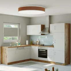 Held Küchenzeile in L-Form Sorrella 270cm mit Platz für Backofen, Geschirrspüler und Kühlschrank - weiß/Eiche