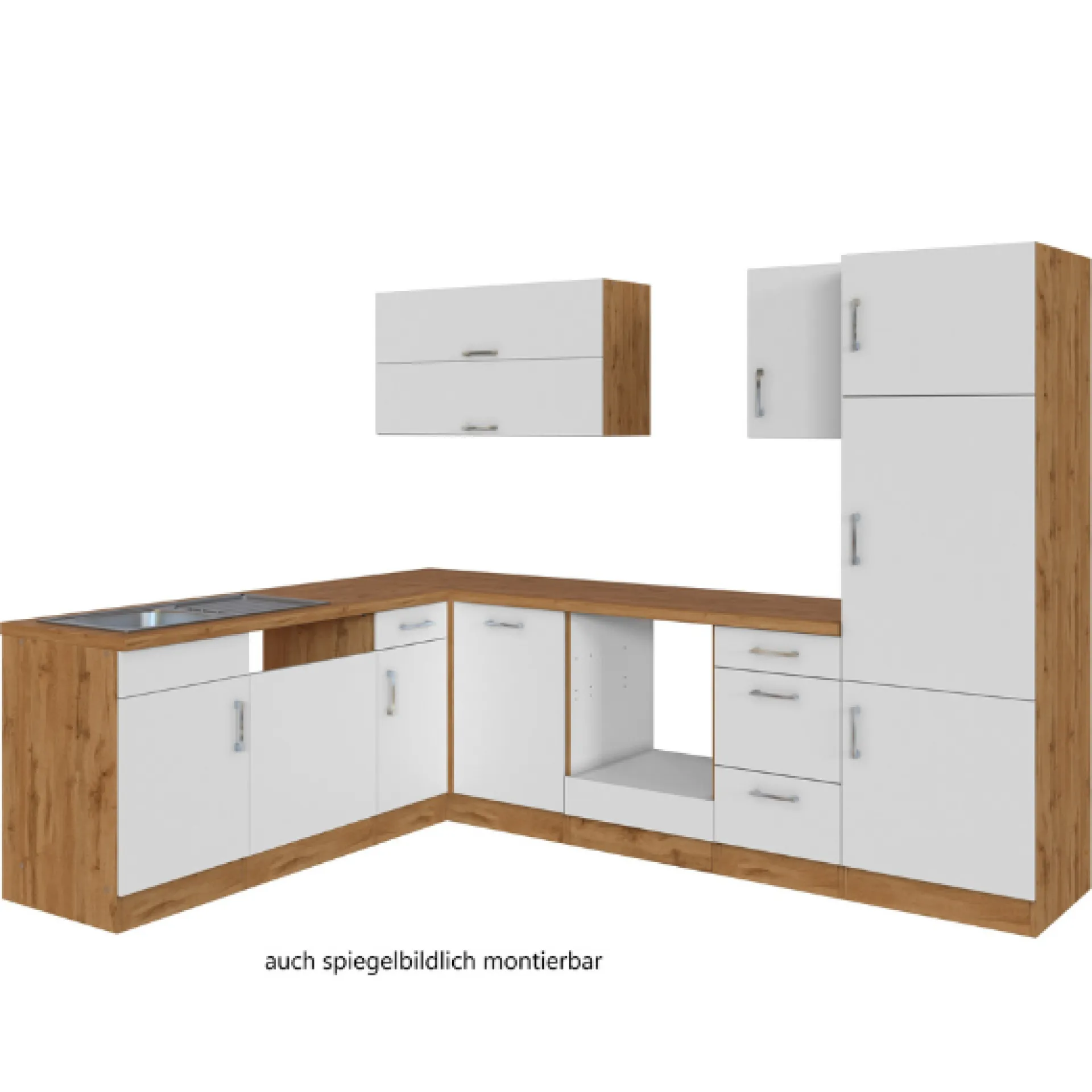 Held Küchenzeile in L-Form Sorrella 270cm mit Platz für Backofen, Geschirrspüler und Kühlschrank - weiß/Eiche