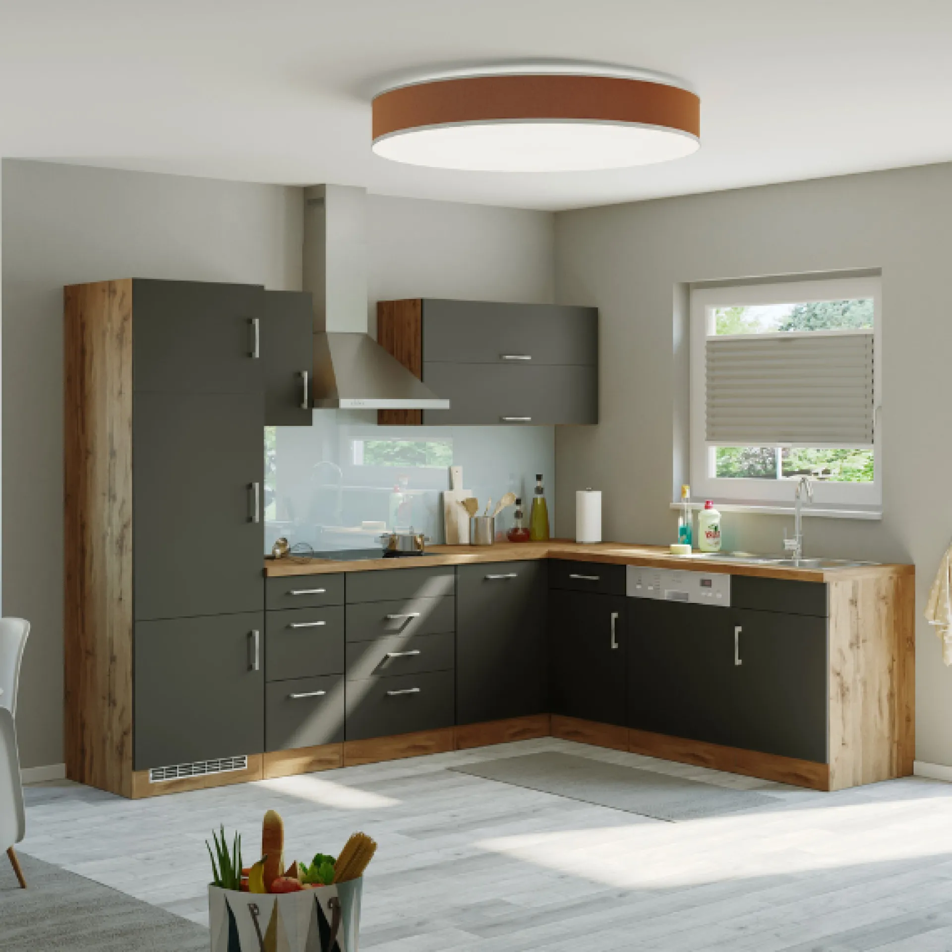 Held Küchenzeile in L-Form Sorrella 270cm mit Platz für Backofen, Geschirrspüler und Kühlschrank - anthrazit/ocker