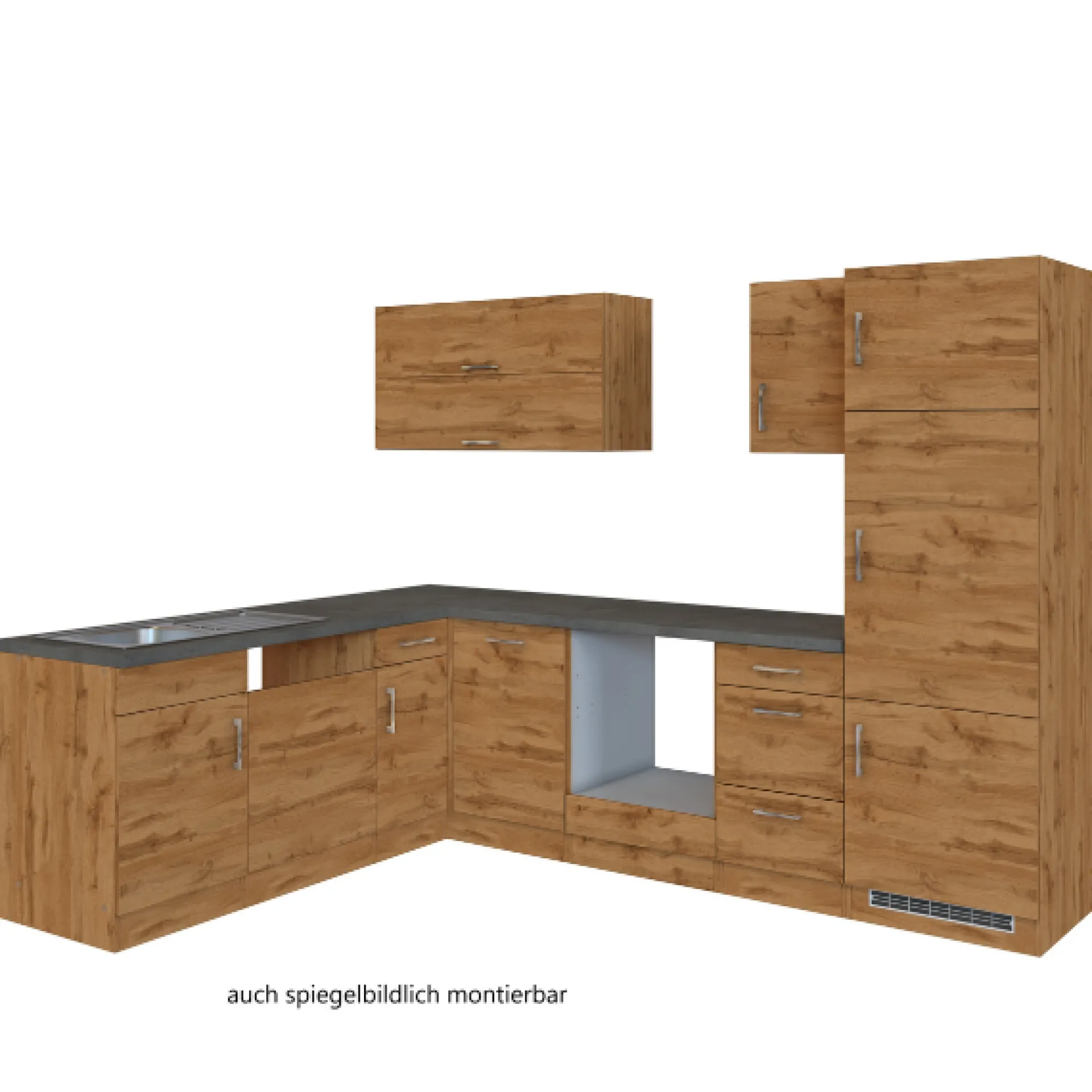 Held Küchenzeile in L-Form Sorrella 270cm mit Platz für Backofen, Geschirrspüler und Kühlschrank - Eiche