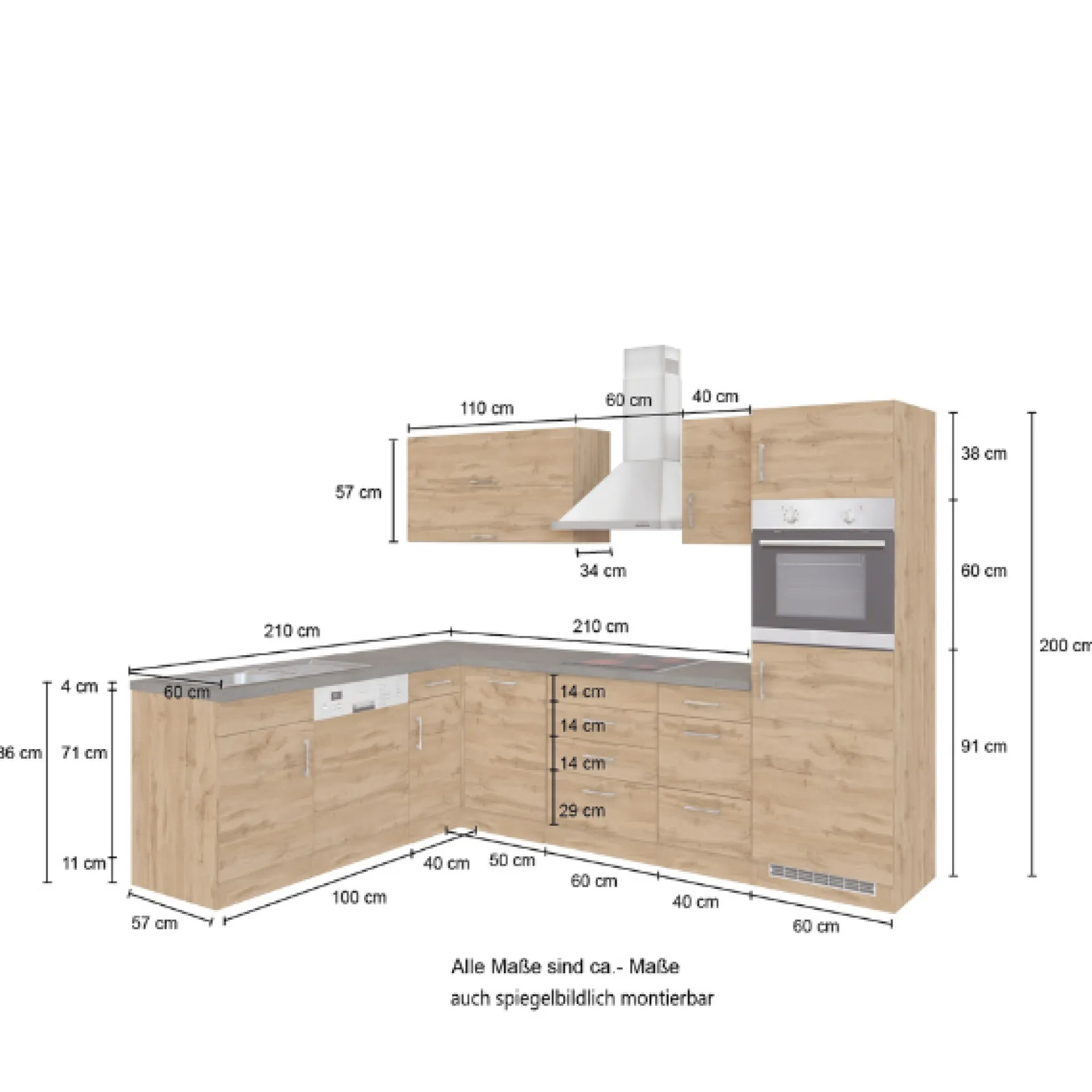 Held Küchenzeile in L-Form Sorrella 270cm mit Platz für Backofen, Geschirrspüler und Kühlschrank - anthrazit/ocker