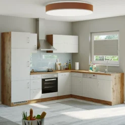Held Küchenzeile in L-Form Sorrella 270cm mit Backofen, Geschirrspüler und Kühlschrank - weiß/Eiche