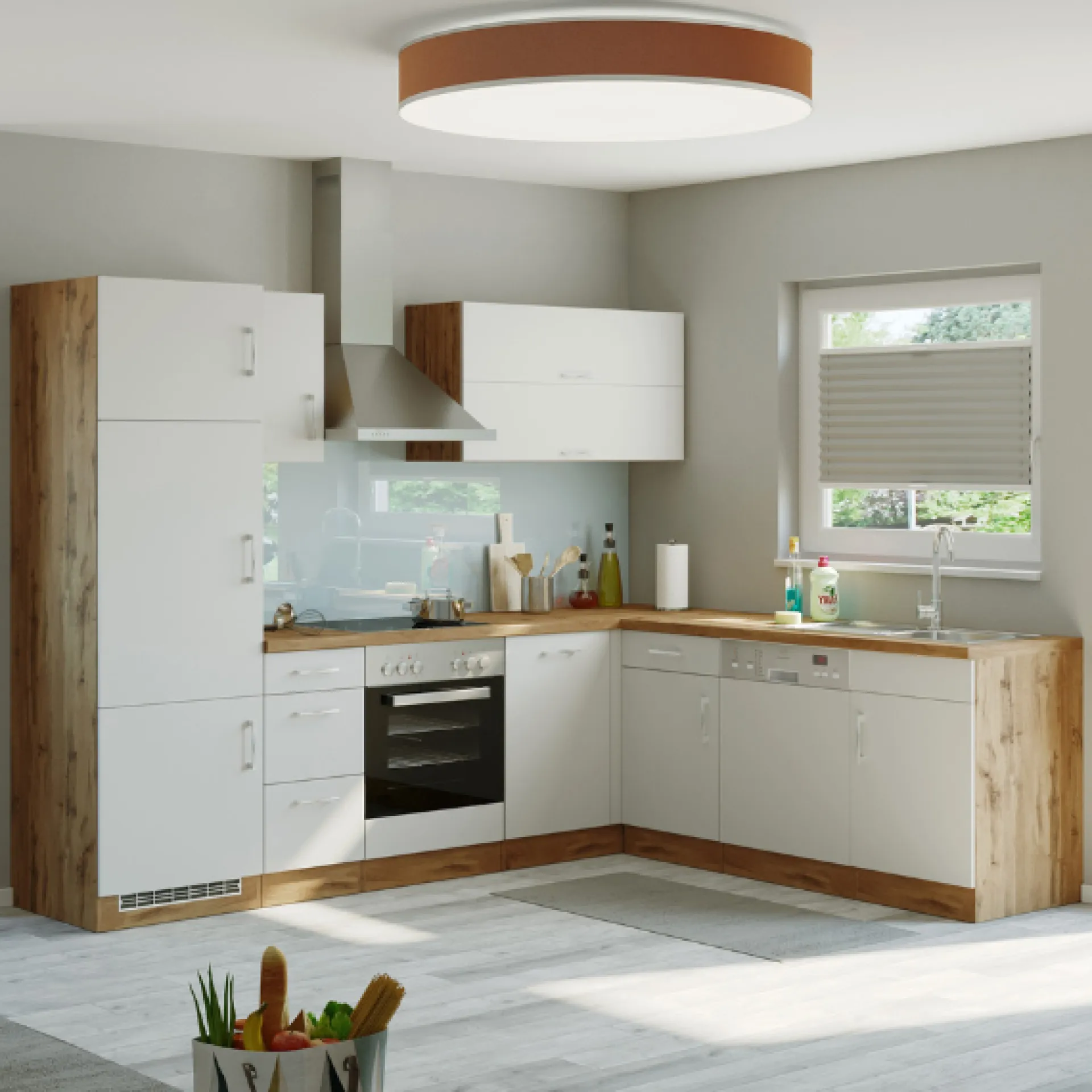 Held Küchenzeile in L-Form Sorrella 270cm mit Backofen, Geschirrspüler und Kühlschrank - weiß/Eiche
