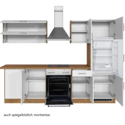 Held Küchenzeile in L-Form Sorrella 270cm mit Backofen, Geschirrspüler und Kühlschrank - weiß/Eiche