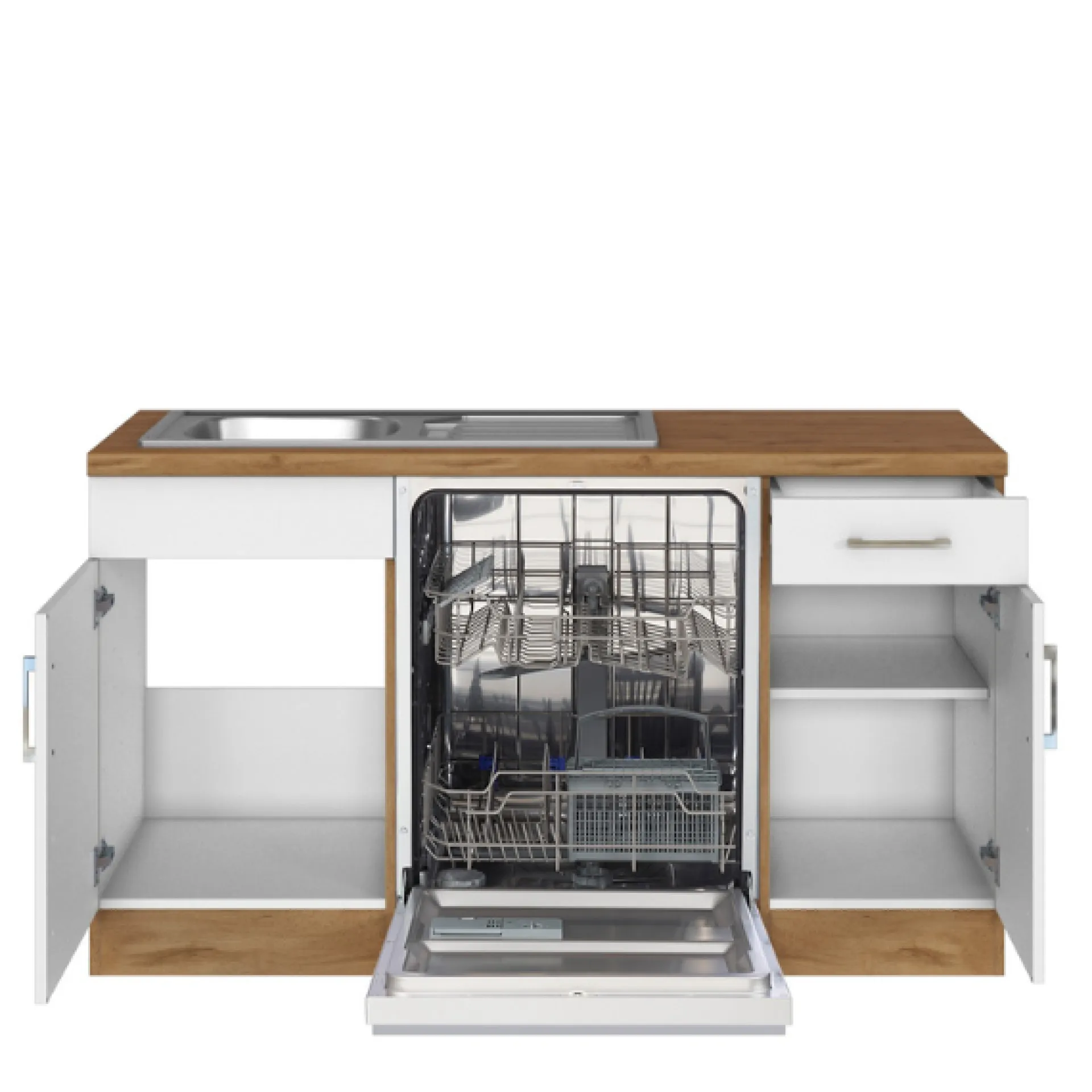 Held Küchenzeile in L-Form Sorrella 270cm mit Backofen, Geschirrspüler und Kühlschrank - weiß/Eiche