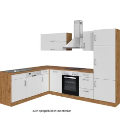 Held Küchenzeile in L-Form Sorrella 270cm mit Backofen, Geschirrspüler und Kühlschrank - weiß/Eiche