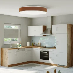 Held Küchenzeile in L-Form Sorrella 270cm mit Backofen, Geschirrspüler und Kühlschrank - weiß/Eiche