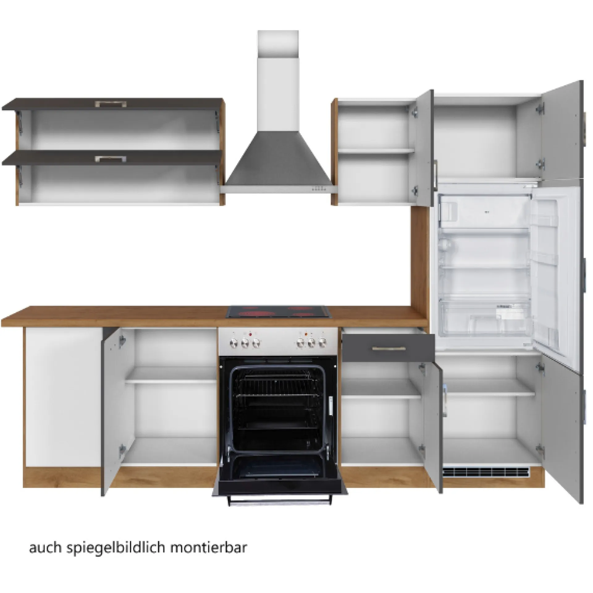 Held Küchenzeile in L-Form Sorrella 270cm mit Backofen, Geschirrspüler und Kühlschrank - anthrazit/eiche