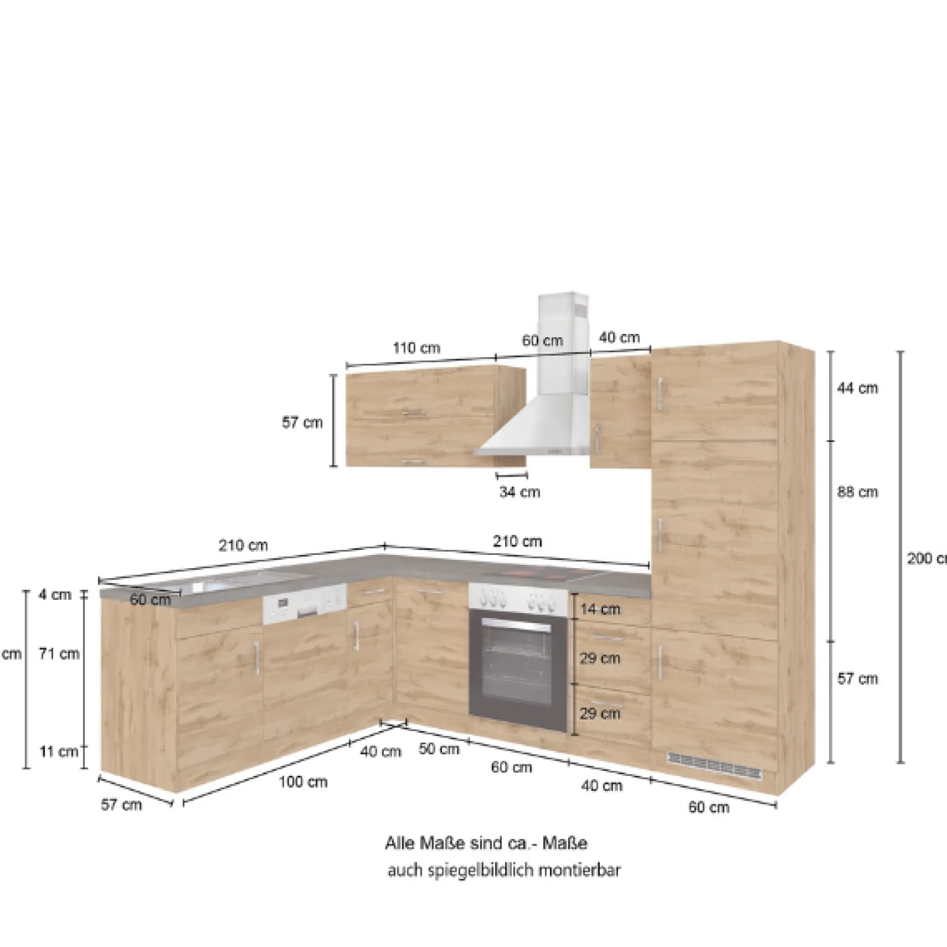 Held Küchenzeile in L-Form Sorrella 270cm mit Backofen, Geschirrspüler und Kühlschrank - anthrazit/eiche