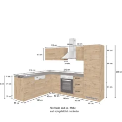 Held Küchenzeile in L-Form Sorrella 270cm mit Backofen, Geschirrspüler und Kühlschrank - Eiche