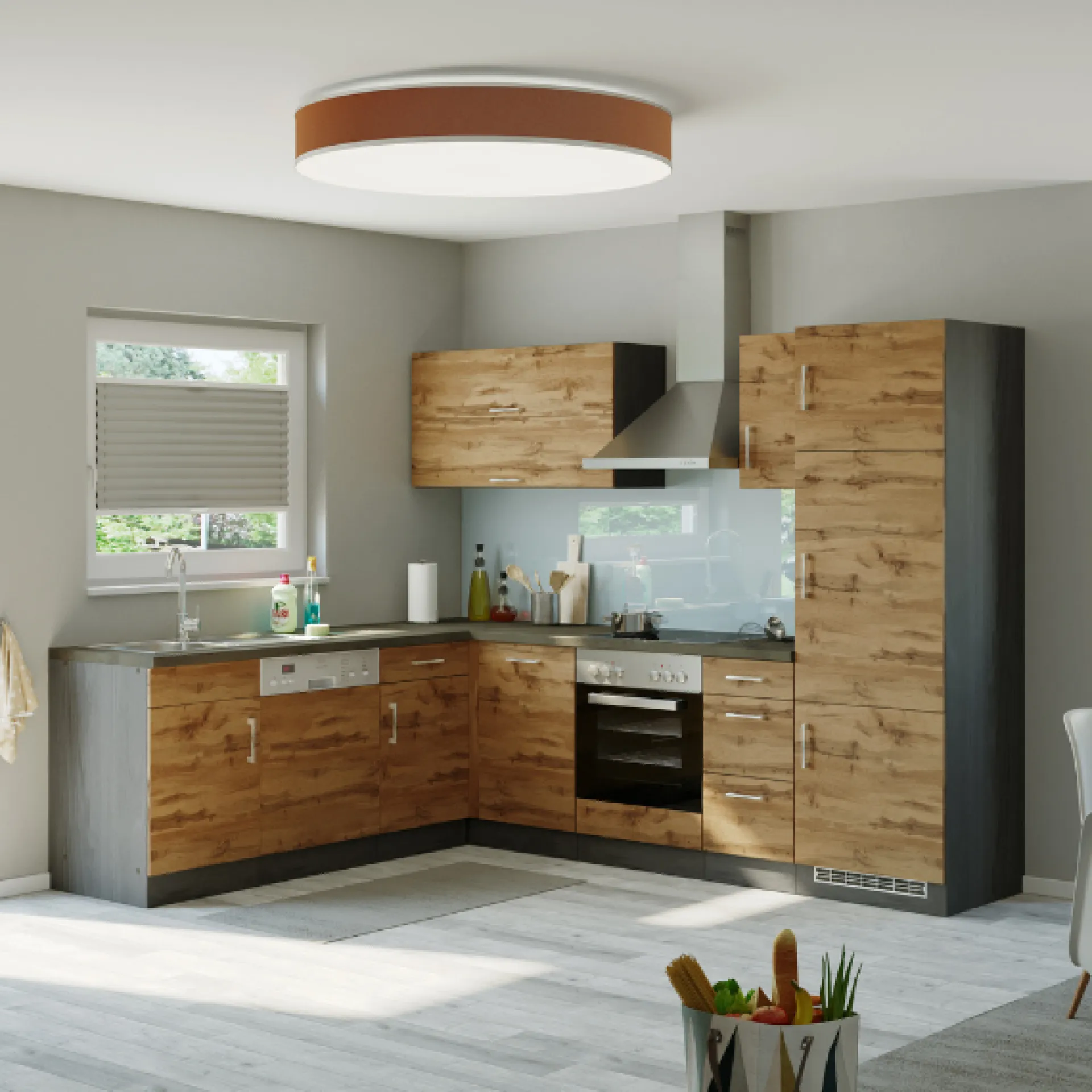 Held Küchenzeile in L-Form Sorrella 270cm mit Backofen, Geschirrspüler und Kühlschrank - Eiche/Graphit