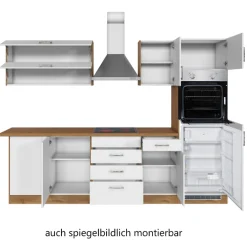 Held Küchenzeile in L-Form Sorrella 270cm mit Backofen, Geschirrspüler und Kühlschrank - weiß/Eiche