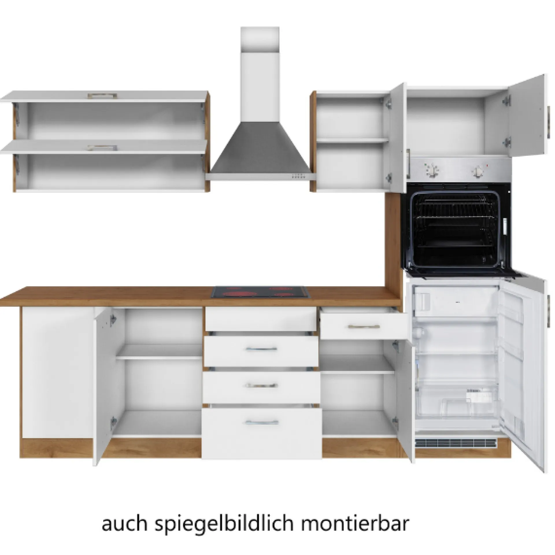 Held Küchenzeile in L-Form Sorrella 270cm mit Backofen, Geschirrspüler und Kühlschrank - weiß/Eiche