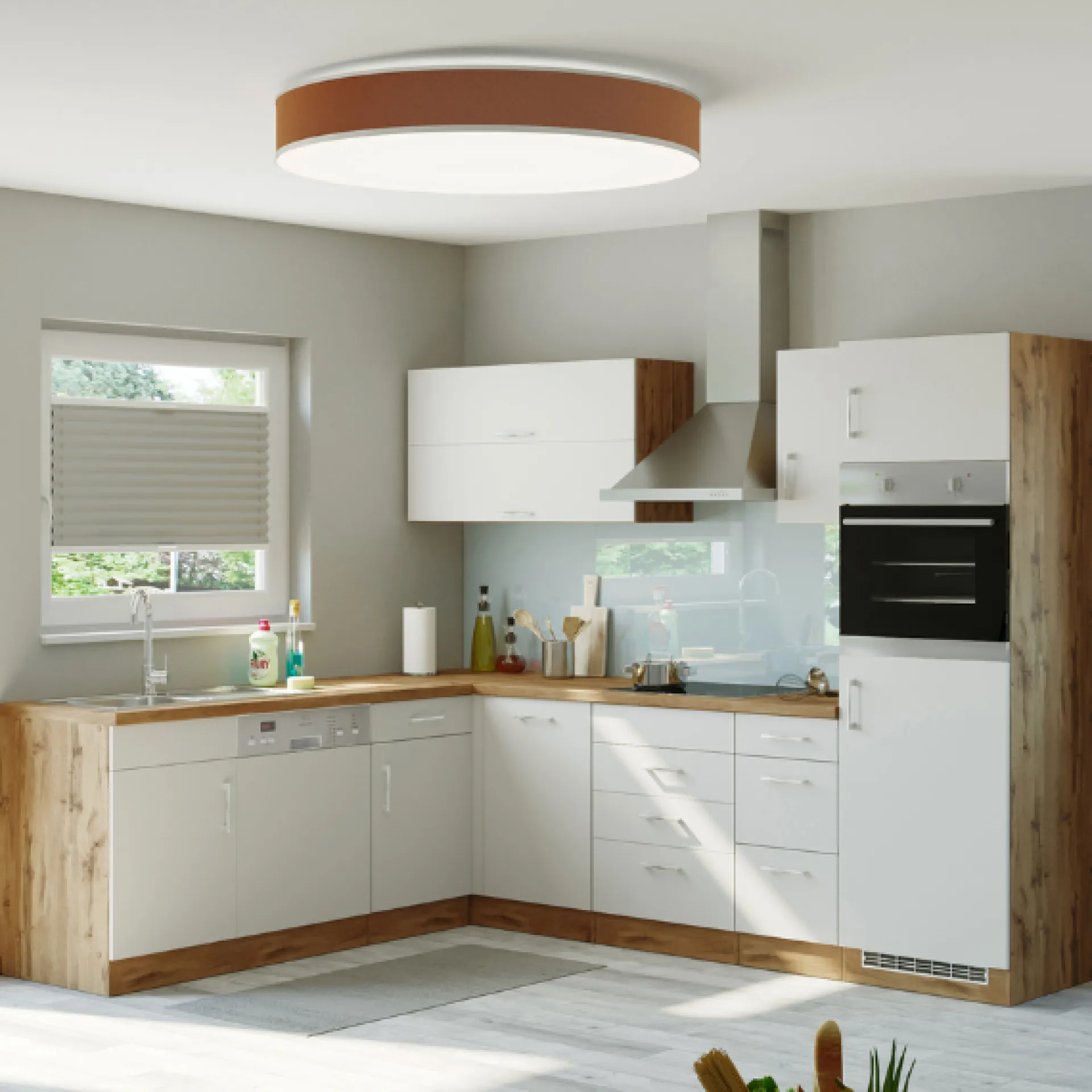 Held Küchenzeile in L-Form Sorrella 270cm mit Backofen, Geschirrspüler und Kühlschrank - weiß/Eiche