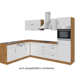 Held Küchenzeile in L-Form Sorrella 270cm mit Backofen, Geschirrspüler und Kühlschrank - weiß/Eiche