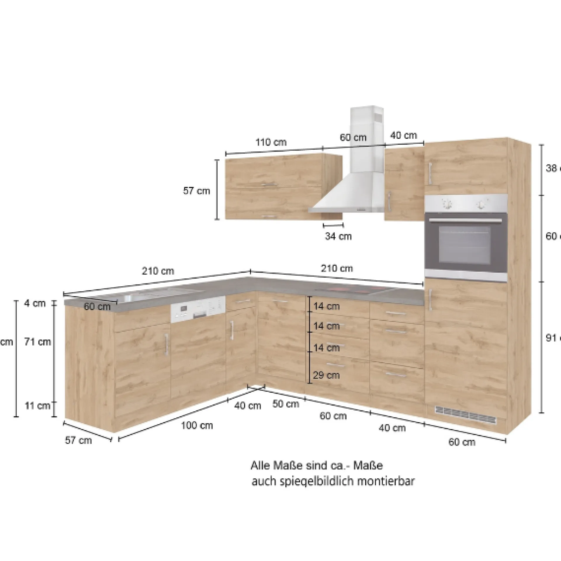 Held Küchenzeile in L-Form Sorrella 270cm mit Backofen, Geschirrspüler und Kühlschrank - Eiche
