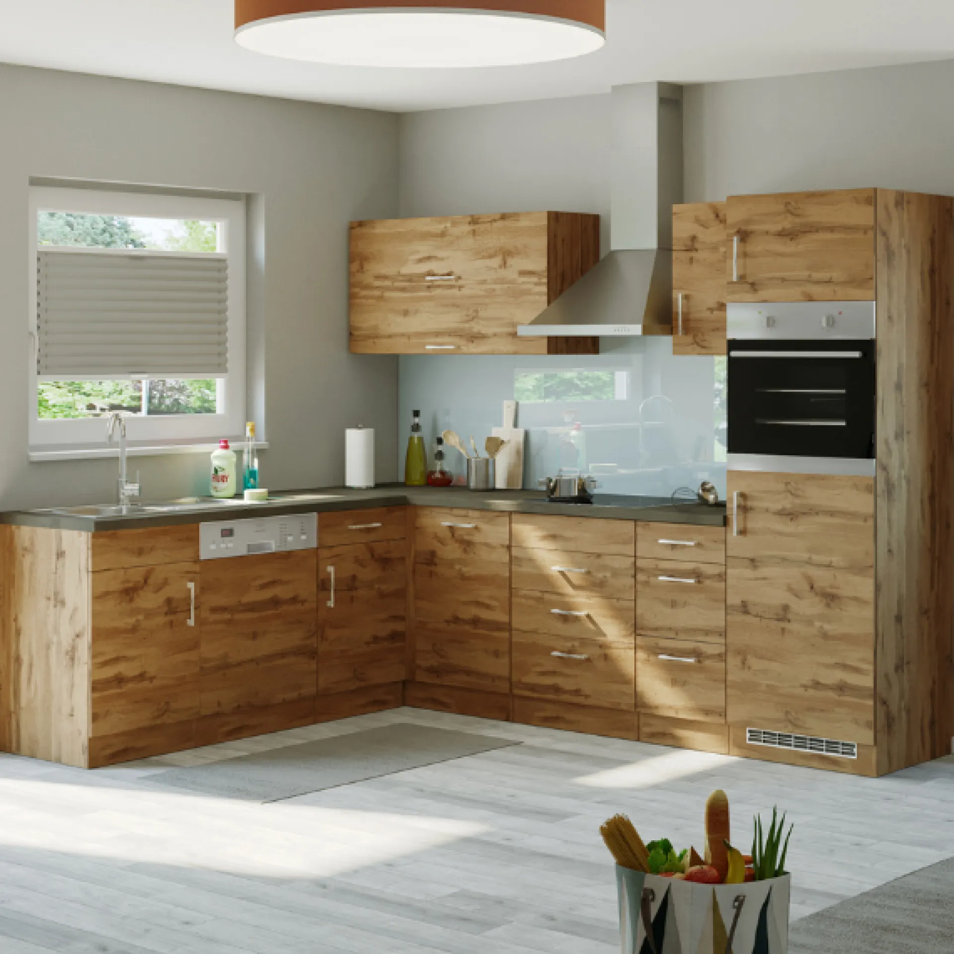Held Küchenzeile in L-Form Sorrella 270cm mit Backofen, Geschirrspüler und Kühlschrank - Eiche