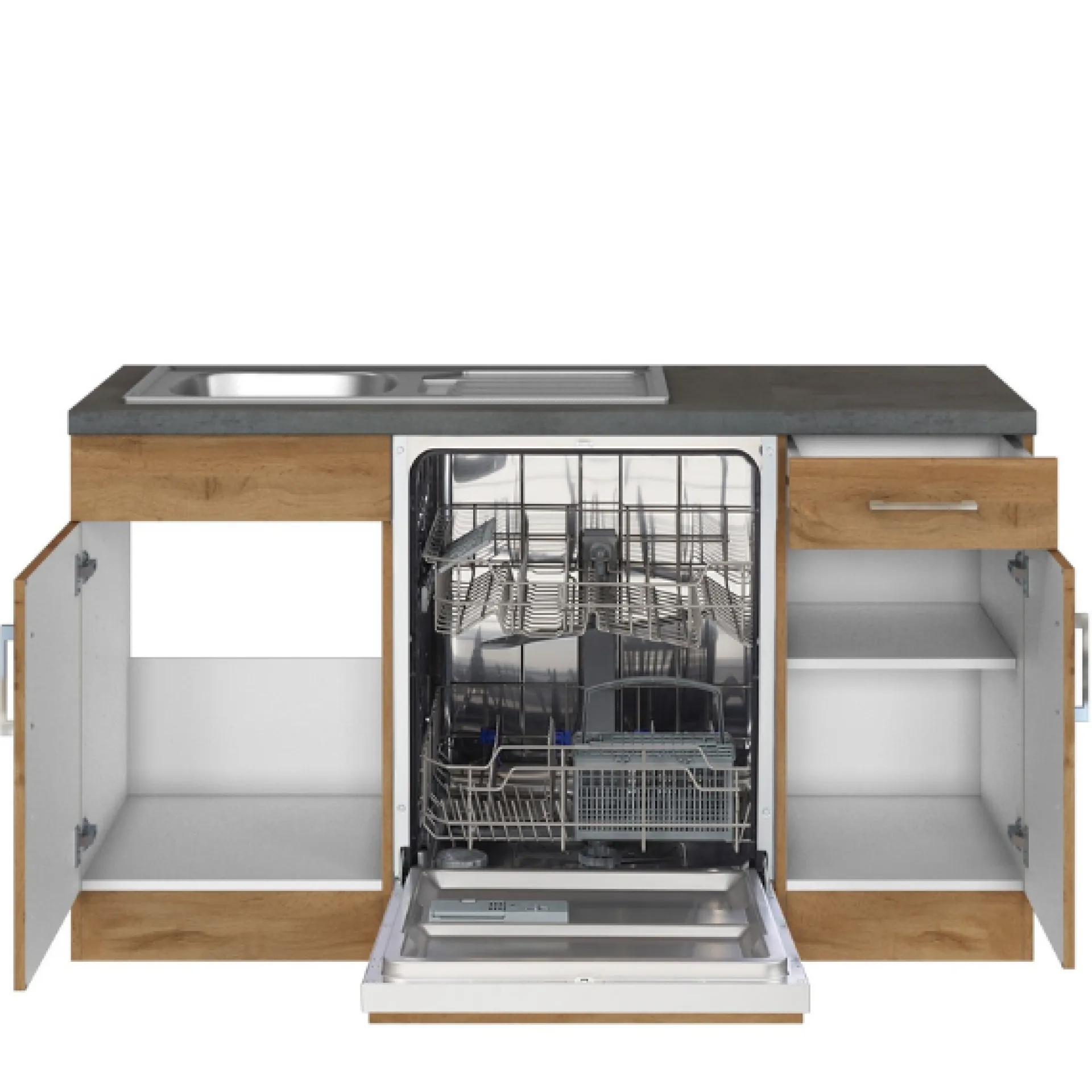 Held Küchenzeile in L-Form Sorrella 270cm mit Backofen, Geschirrspüler und Kühlschrank - Eiche