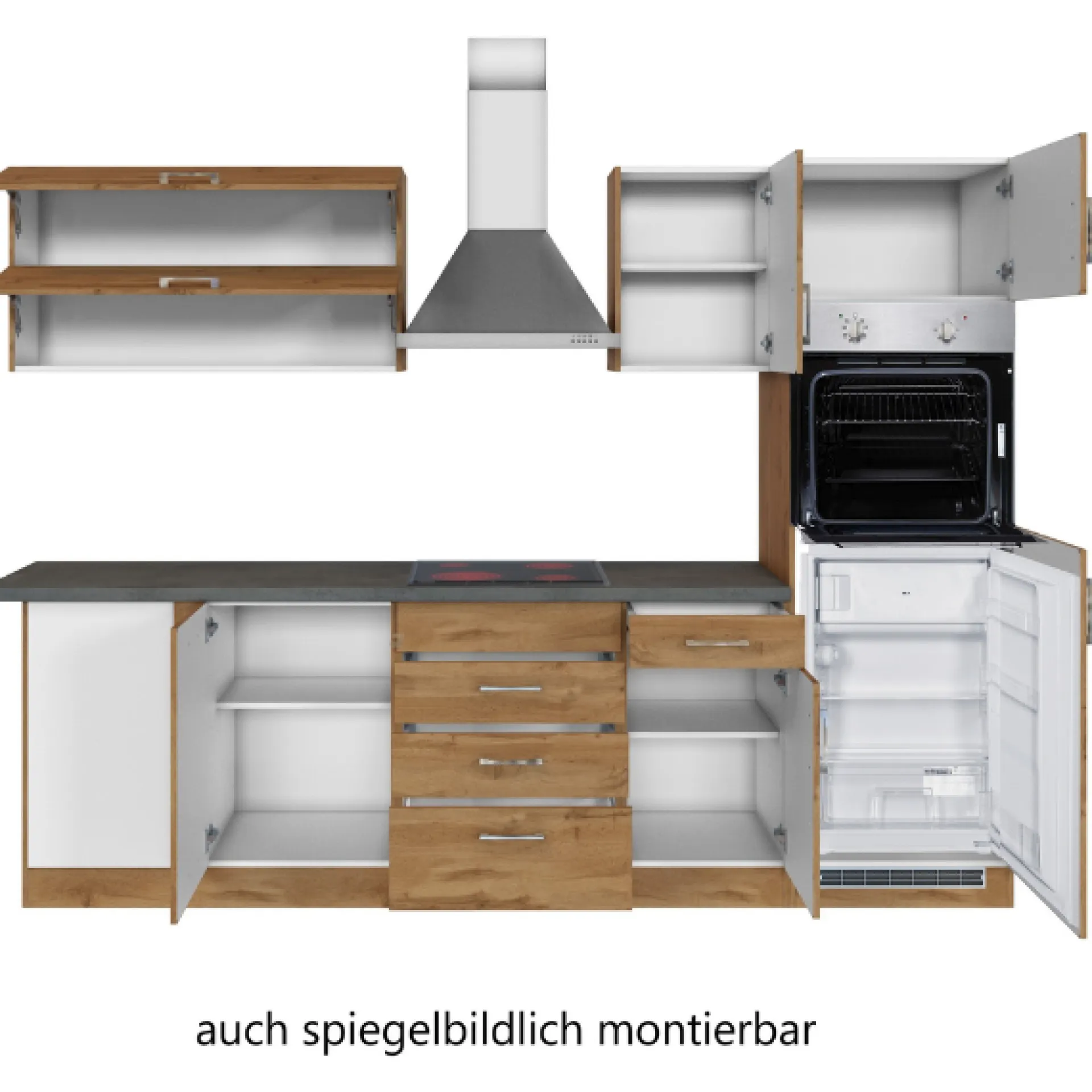 Held Küchenzeile in L-Form Sorrella 270cm mit Backofen, Geschirrspüler und Kühlschrank - Eiche