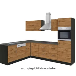 Held Küchenzeile in L-Form Sorrella 270cm mit Backofen, Geschirrspüler und Kühlschrank - Eiche/Graphit