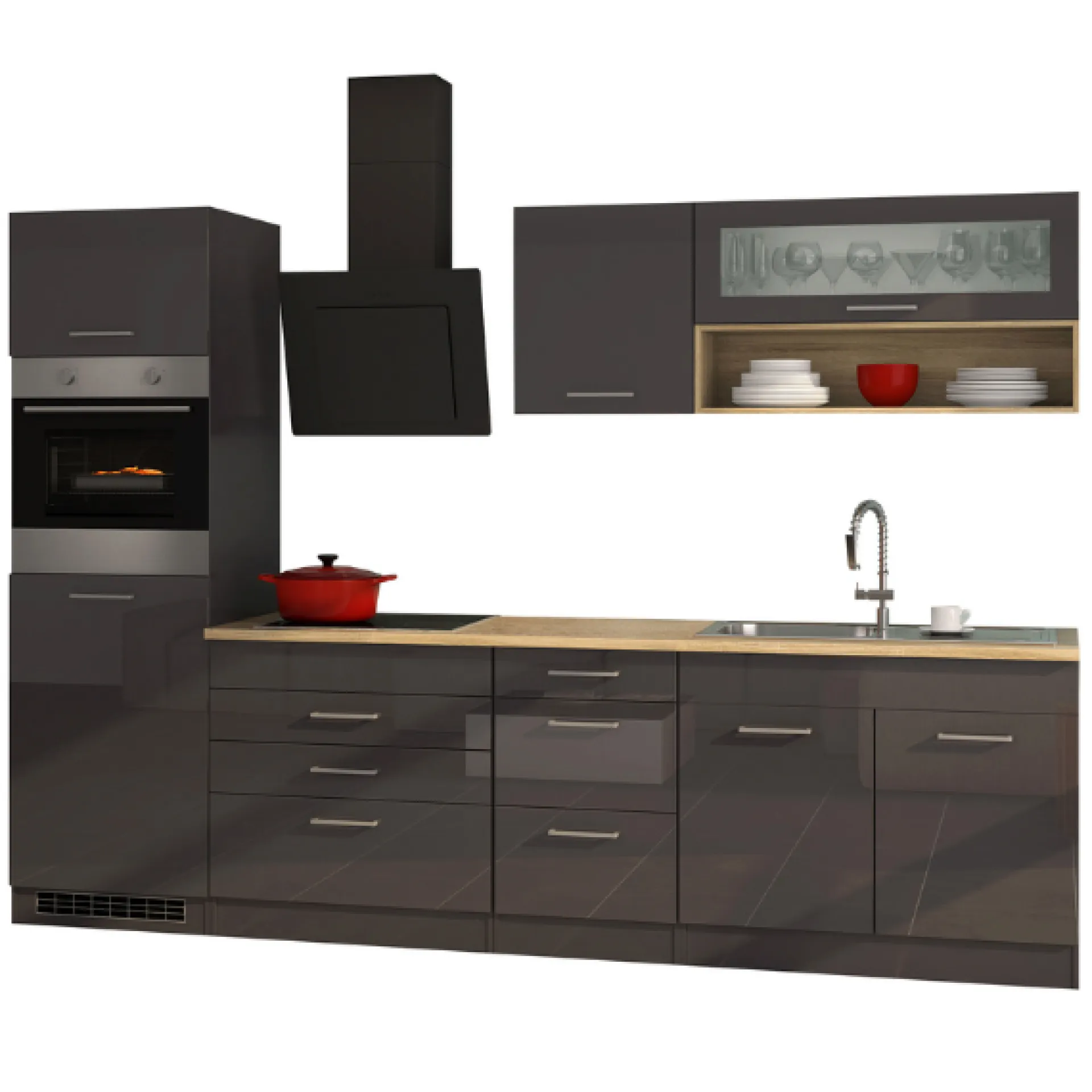 Held Küchenzeile Ragnar 290cm mit Backofen und Kühlschrank - Hochglanz