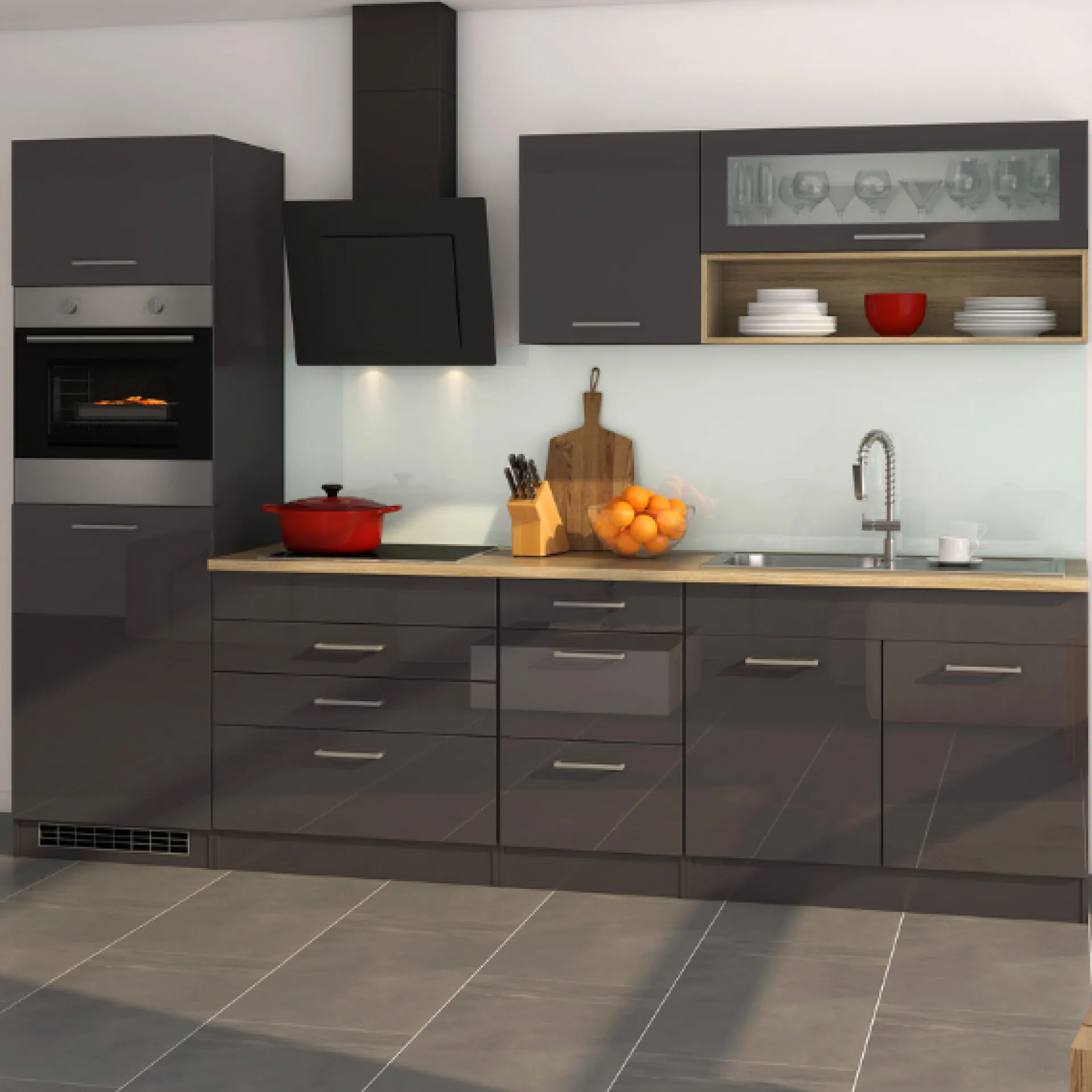 Held Küchenzeile Ragnar 290cm mit Backofen und Kühlschrank - Hochglanz