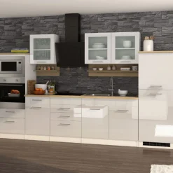 Held Küchenzeile Ragnar 330cm mit Backofen, Mikrowelle und Kühlschrank - Hochglanz weiß