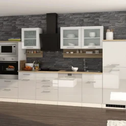Held Küchenzeile Ragnar 340cm mit Backofen, Mikrowelle, Geschirrspüler und Kühlschrank - hochglänzend weiß