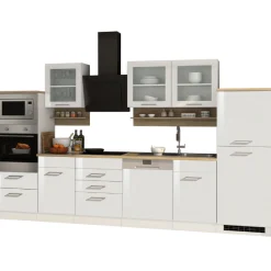 Held Küchenzeile Ragnar 340cm mit Backofen, Mikrowelle, Geschirrspüler und Kühlschrank - hochglänzend weiß