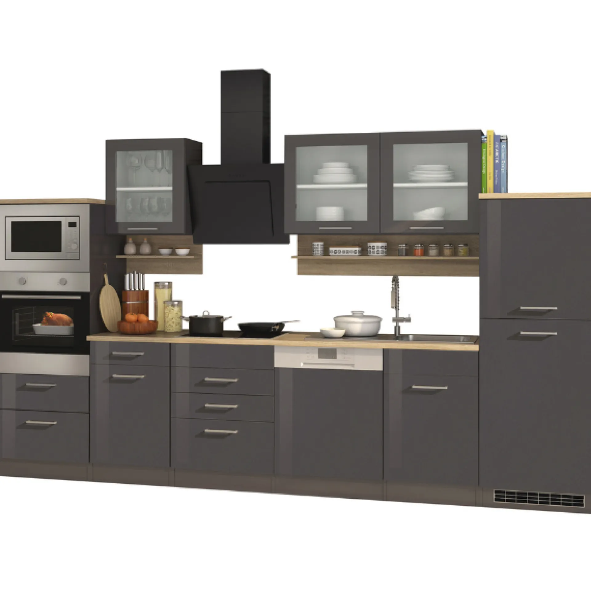 Held Küchenzeile Ragnar 340cm mit Backofen, Mikrowelle, Geschirrspüler und Kühlschrank - hochglanz