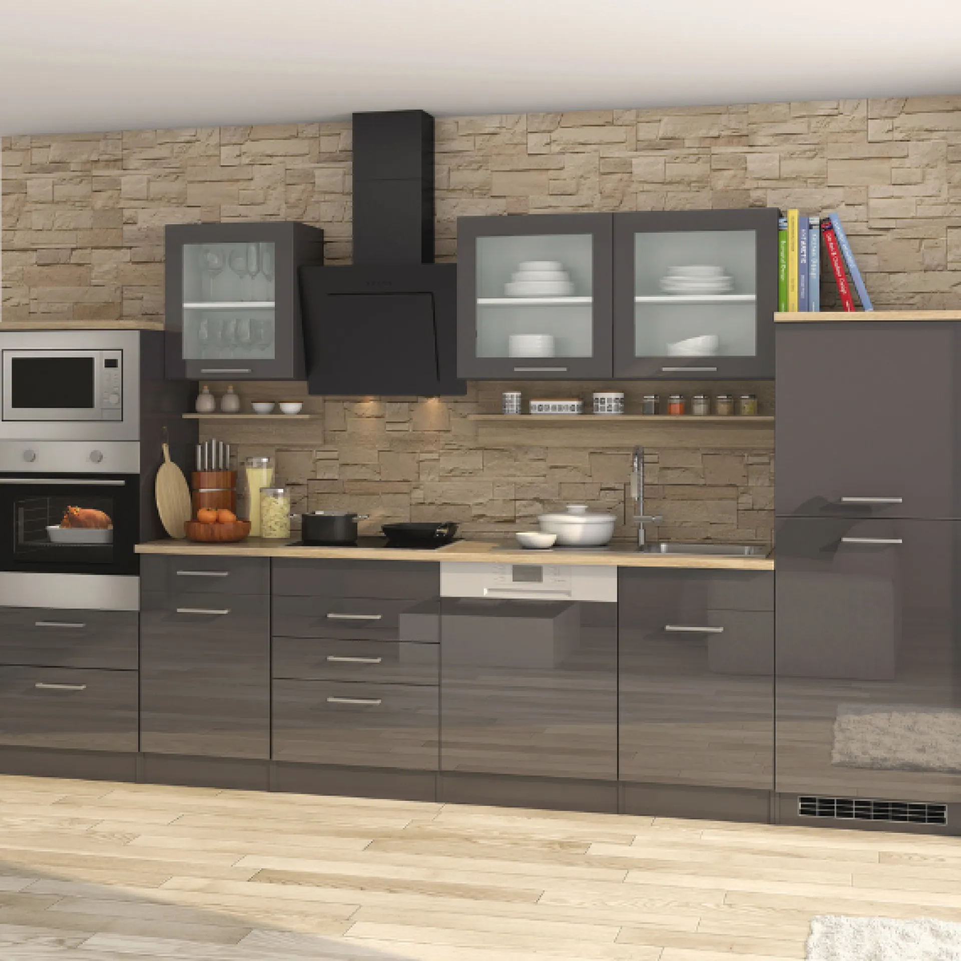 Held Küchenzeile Ragnar 340cm mit Backofen, Mikrowelle, Geschirrspüler und Kühlschrank - hochglanz