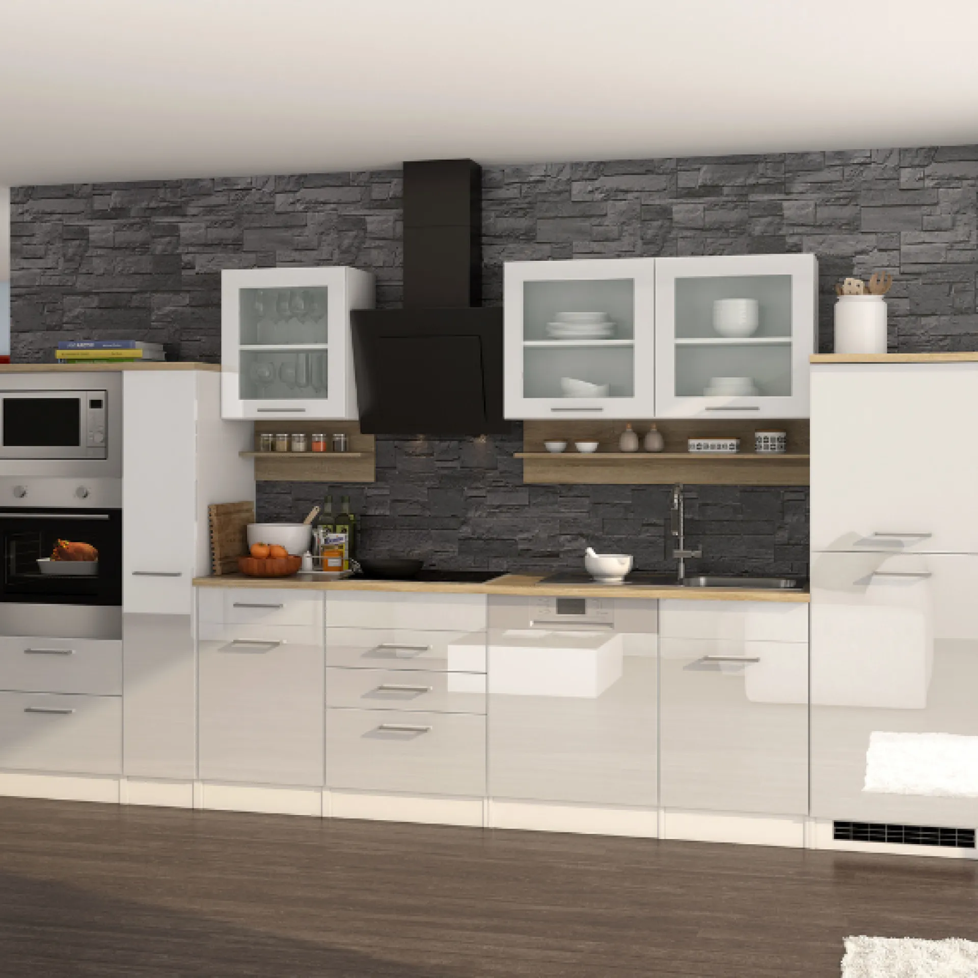 Held Küchenzeile Ragnar 370cm mit Backofen, Mikrowelle, Geschirrspüler und Kühlschrank - hochglänzend weiß