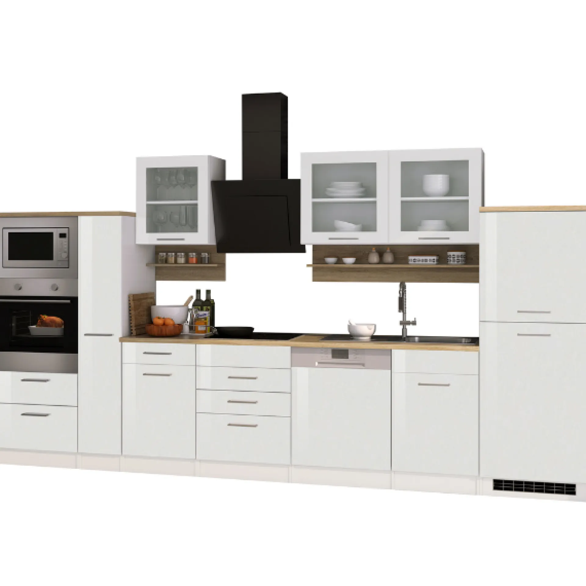 Held Küchenzeile Ragnar 370cm mit Backofen, Mikrowelle, Geschirrspüler und Kühlschrank - hochglänzend weiß