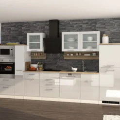 Held Küchenzeile Ragnar 370cm mit Backofen, Mikrowelle, Geschirrspüler und Kühlschrank - hochglänzend weiß