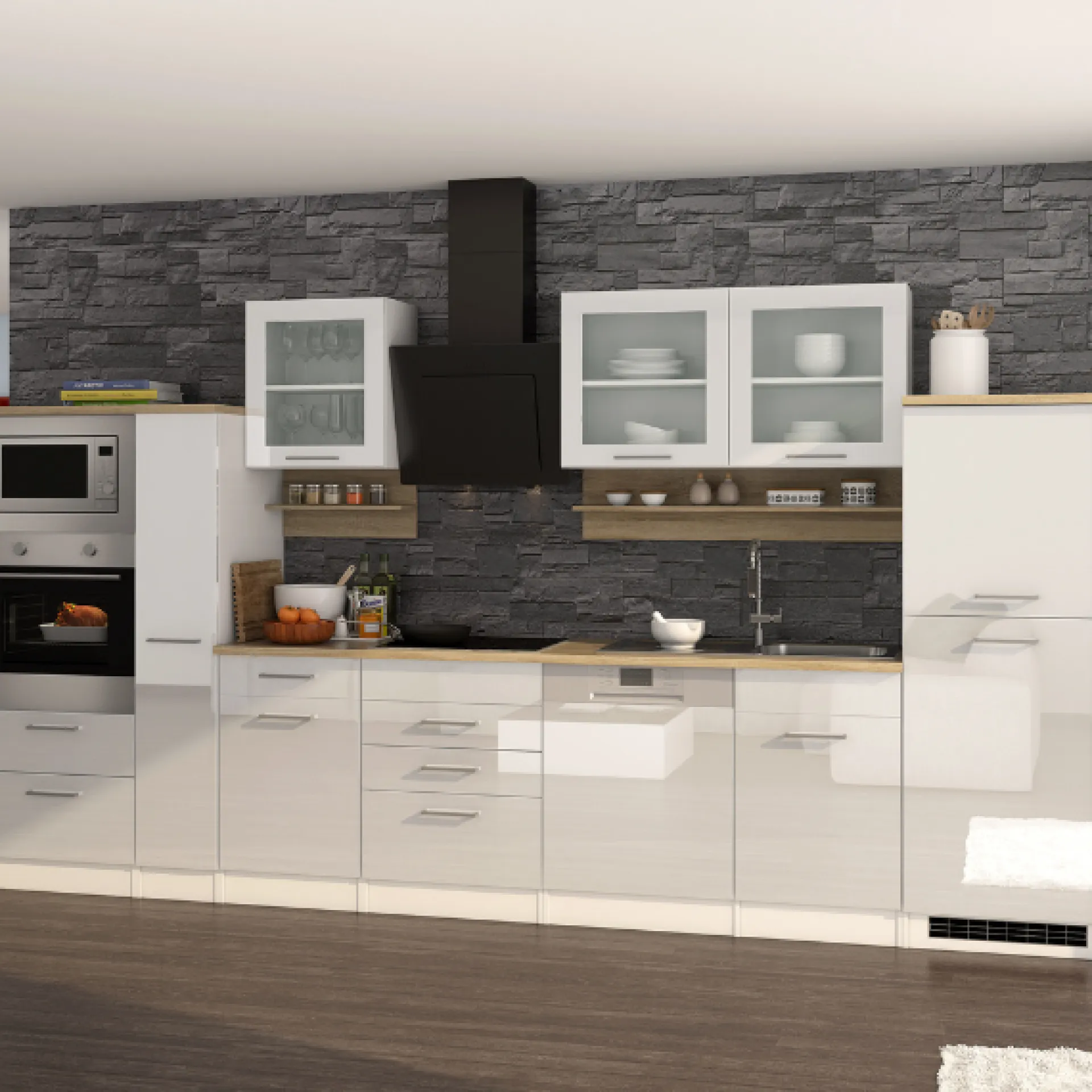 Held Küchenzeile Ragnar 370cm mit Backofen, Mikrowelle, Geschirrspüler und Kühlschrank - hochglänzend weiß