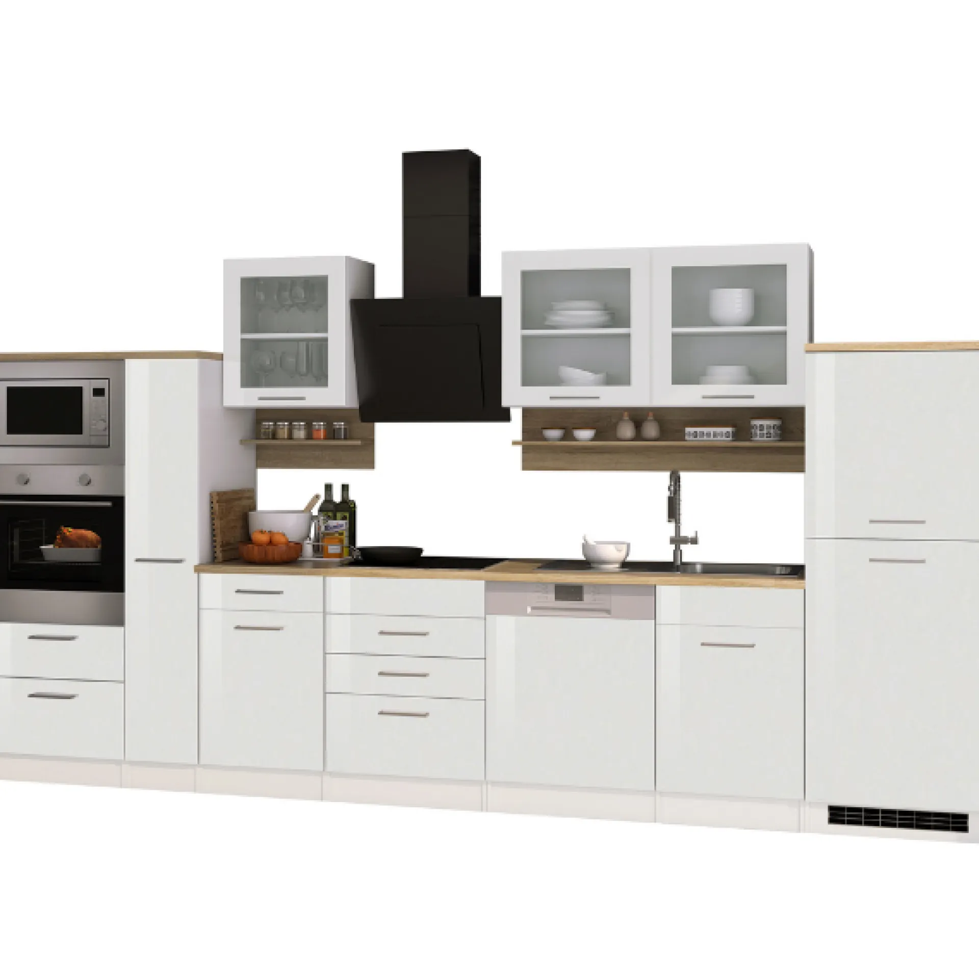 Held Küchenzeile Ragnar 370cm mit Backofen, Mikrowelle, Geschirrspüler und Kühlschrank - hochglänzend weiß